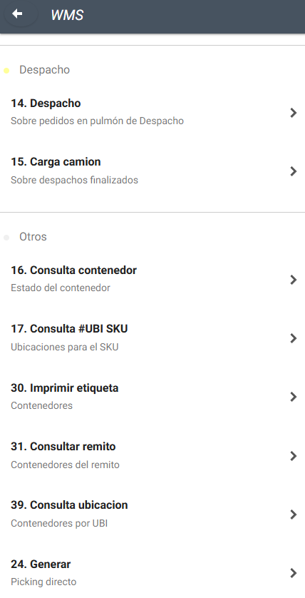 Menú mobile del WMS